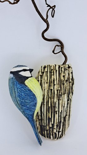 Bluetit on Bark with Wiry Twig by Annie Tortora - alternative image