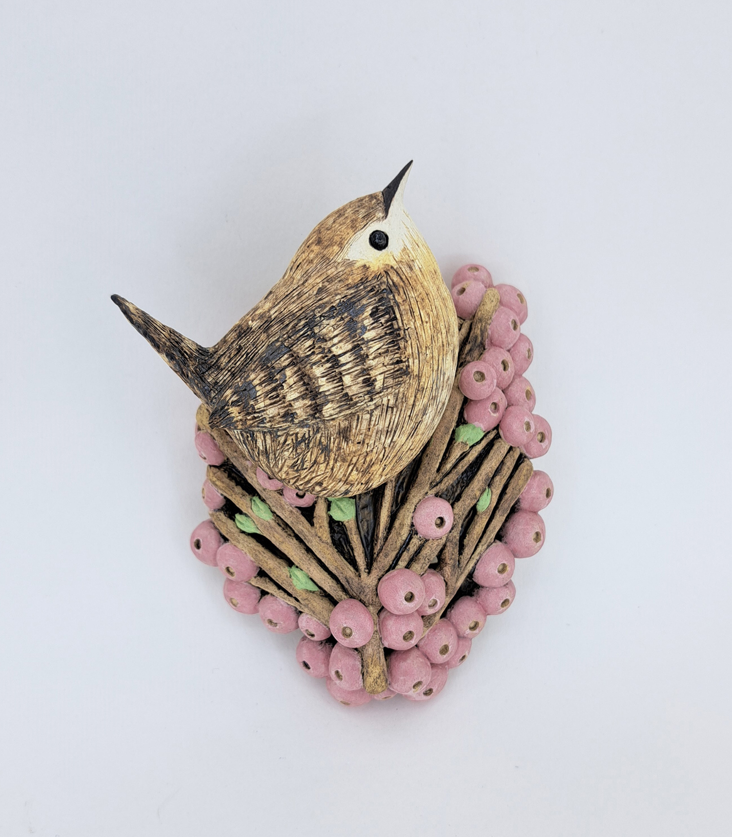 Wren with Pink Berries by Annie Tortora