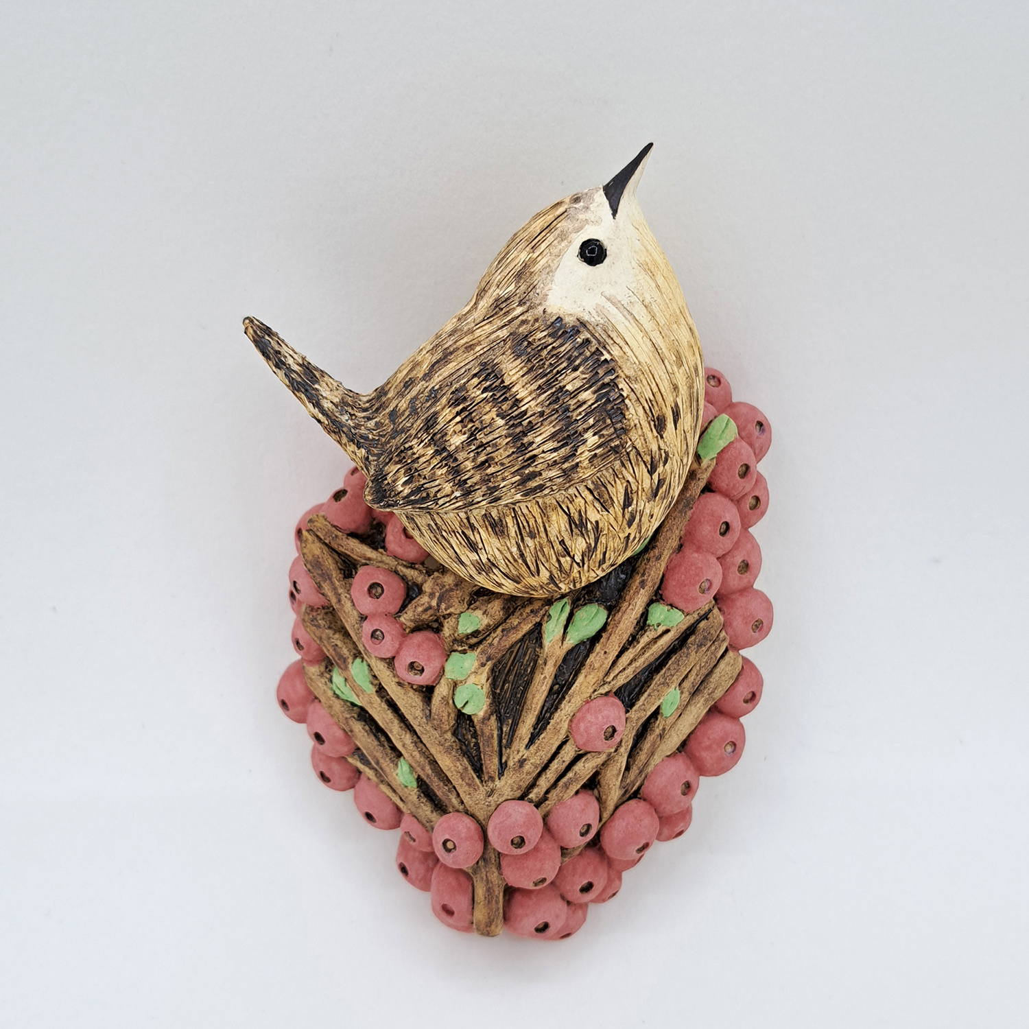 Wren with Pink Berries by Annie Tortora