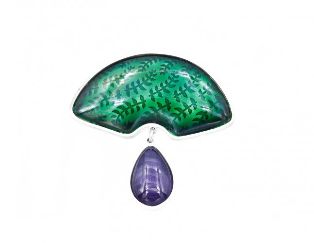 Green Fan Brooch with Purple Teardrop