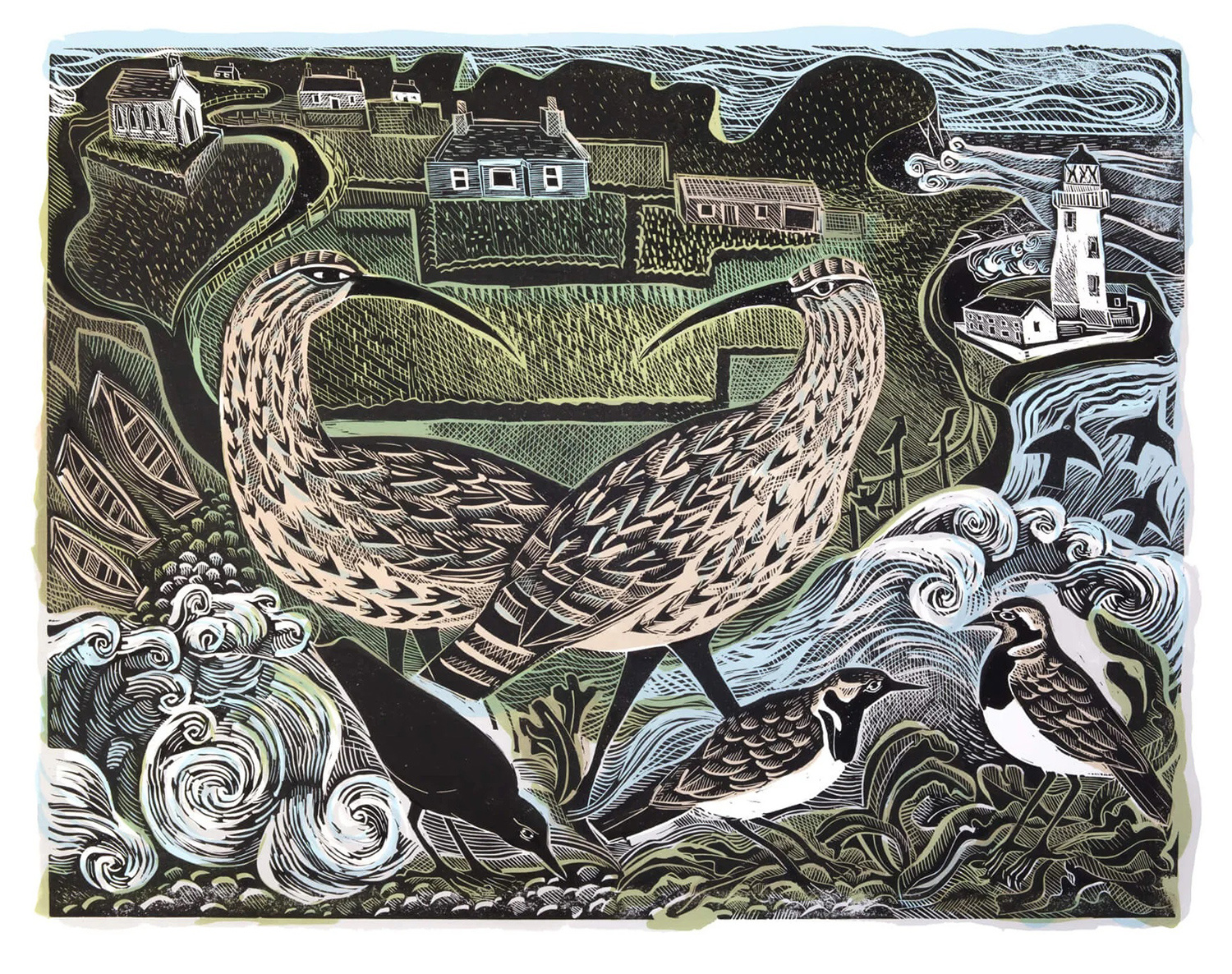 Fair Isle Curlews & The South Lighthouse by Angela Harding