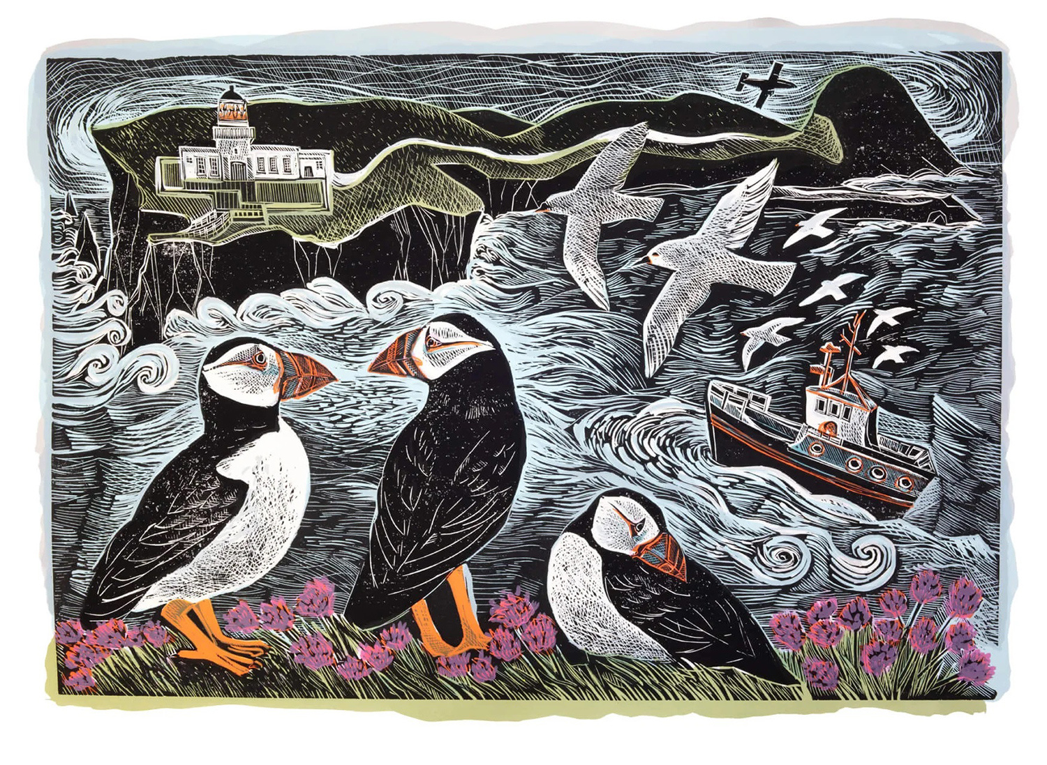 Fair Isle Puffins at the North Lighthouse by Angela Harding